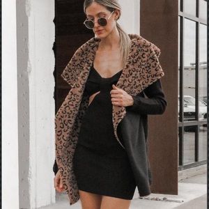 NWOT Knit Open Front Cardigan w Foldover Faux Suede/Fur Collar &  Leopard Lining